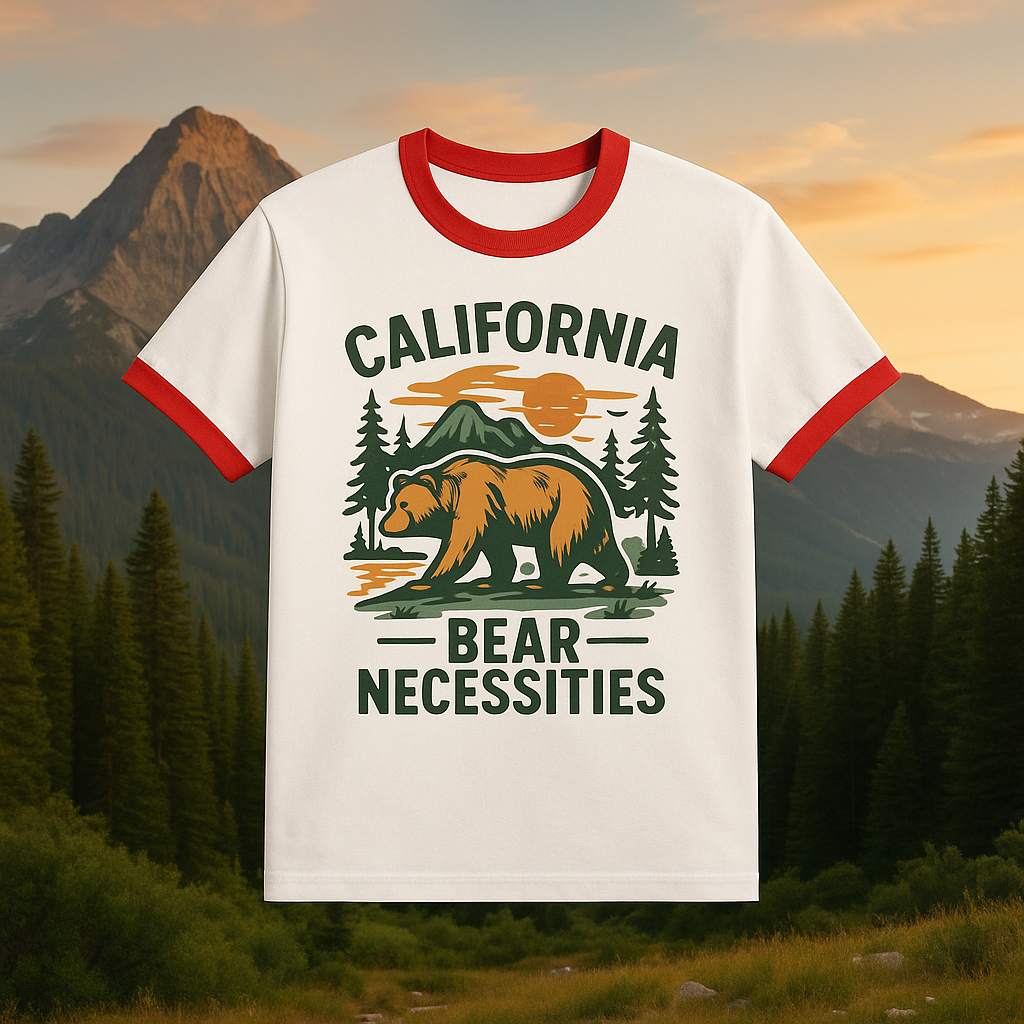California Bear Necessities Ringer Tee, Vintage Graphic T-Shirt, Nature Lover Gift, Men's Casual Wear, Outdoor Adventure Apparel