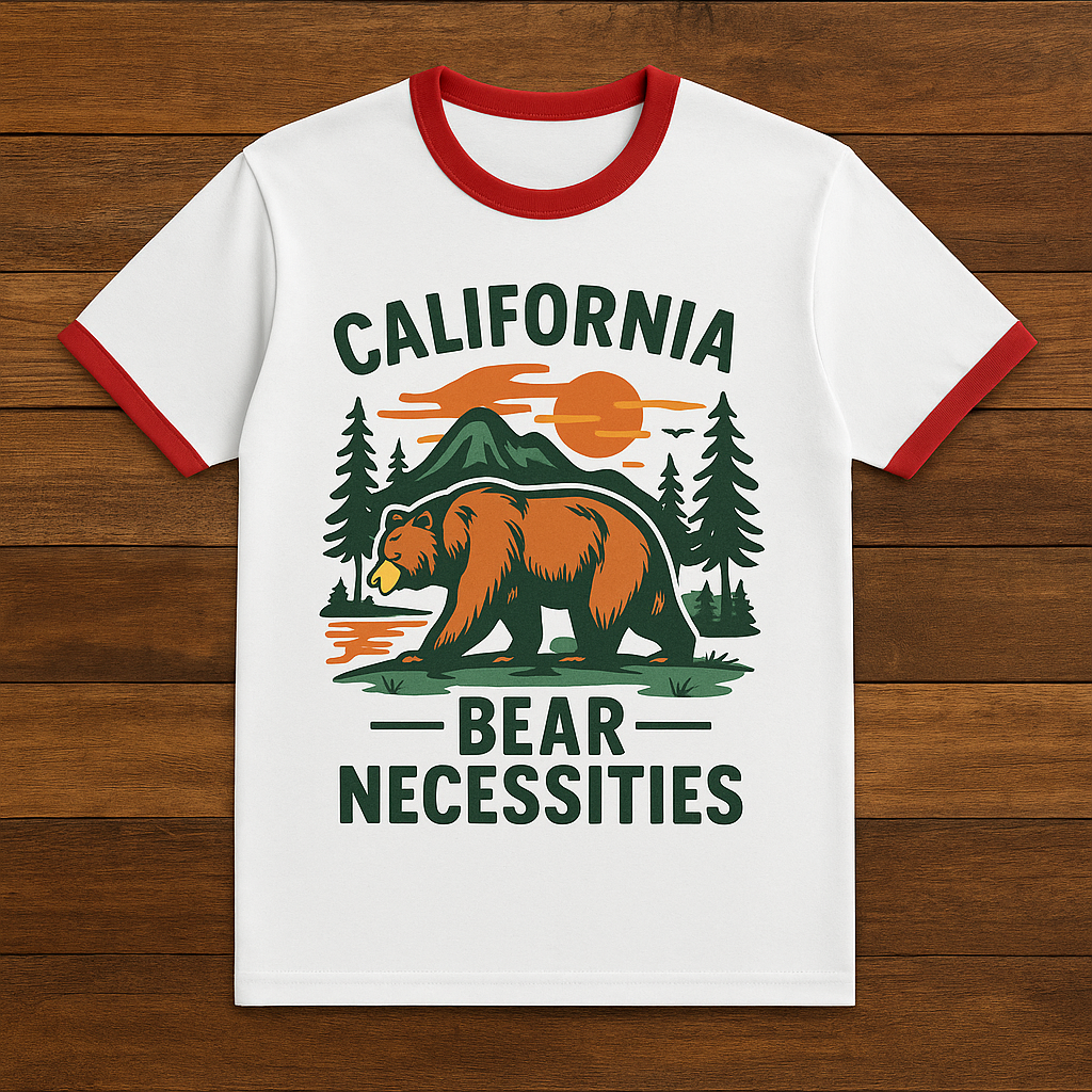 California Bear Necessities Ringer Tee, Vintage Graphic T-Shirt, Nature Lover Gift, Men's Casual Wear, Outdoor Adventure Apparel