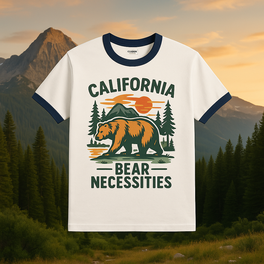 California Bear Necessities Ringer Tee, Vintage Graphic T-Shirt, Nature Lover Gift, Men's Casual Wear, Outdoor Adventure Apparel